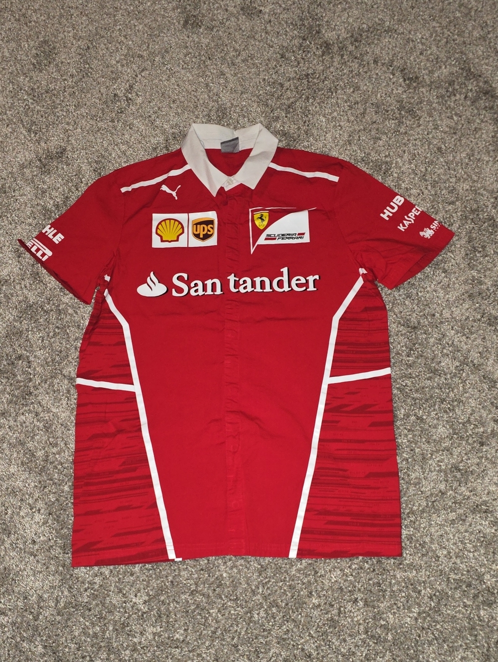 Ferrari F1 Red Men's Team Polo with White Trim and Sponsor Patches Size Small